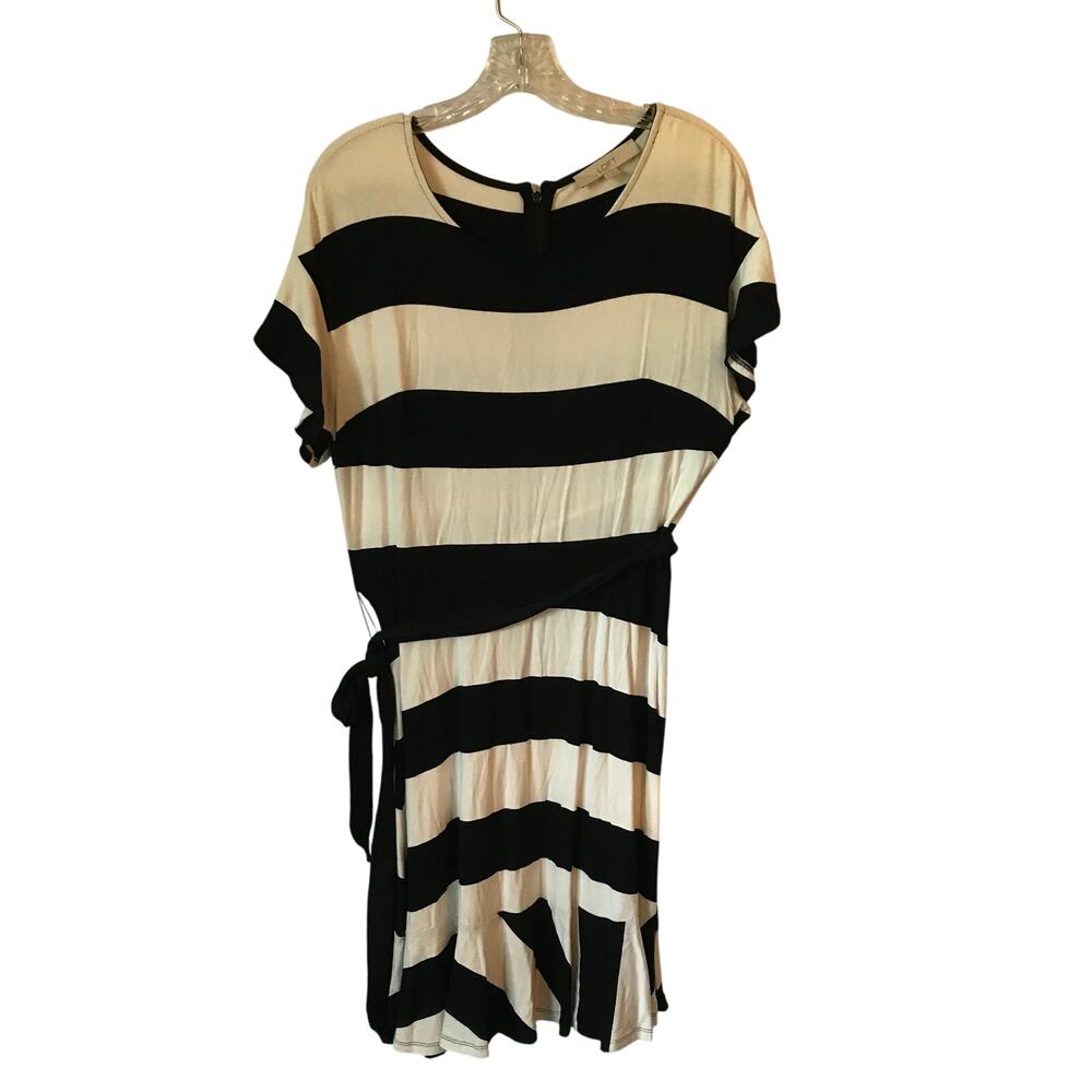 Loft Dress Size 6 Womens Stripe Swing Ruffle Black Cream Short Ruffle Sleeve